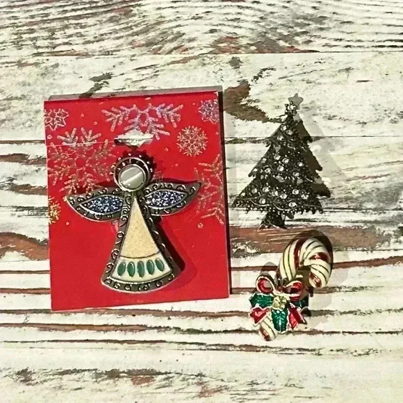 Christmas Brooch Lot of 3 : Anne Klein, Enamel Candy  Cane and Angel - Picture 1 of 4